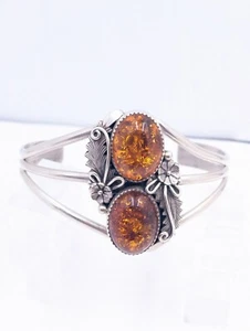 Stunning Peterson Johnson Navajo sterling Amber FeatherFlower cuff bracelet U367 - Picture 1 of 24
