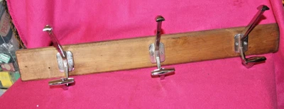 Row of 3 vintage chrome coat hooks heavy oak. hat pegs mid century 1950s French - Image 1 of 4