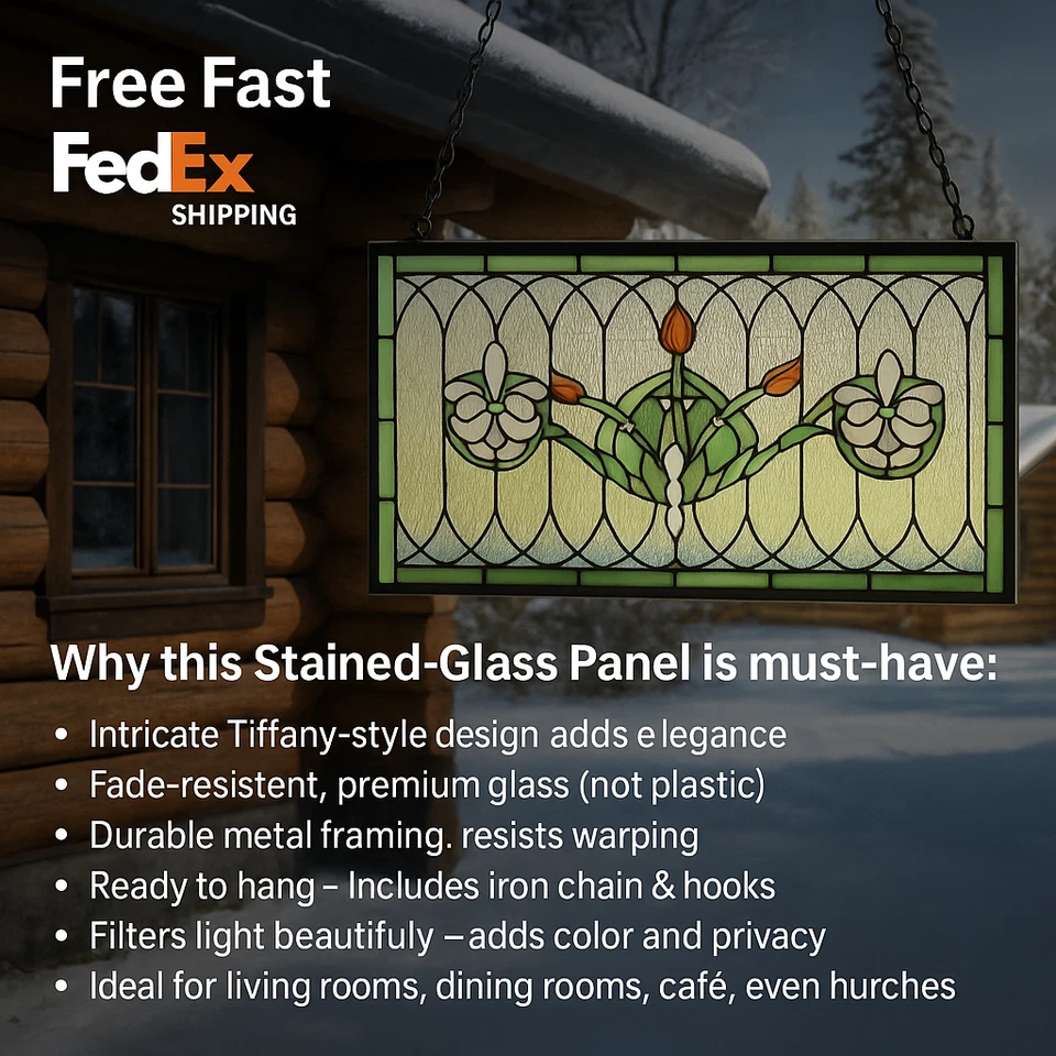 Витражная оконная панель в стиле Tiffany Fleur-de-Lis 32x17, подвес ручной работы - Изображение 1 из 4