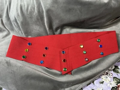 Vintage 80s Red Elastic Waist Belt w/ Rainbow Gem Accents 32" Snap - Image 1 of 4