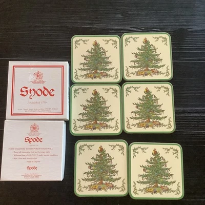 Spode Christmas Tree VTG Set Of 6 Square Cork Backed Coasters Made in England - Image 1 of 4