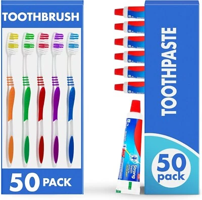 100 pack Bulk wholesale 50 Individually Wrapped Toothbrushes & 50 Toothpaste - Image 1 of 4