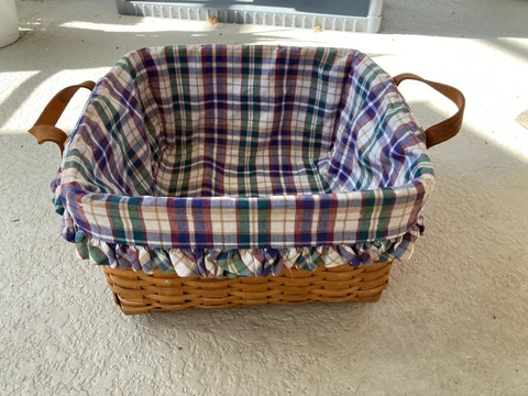 Longaberger Small Wash Day Hostess Basket w/ Plastic Protector & Blue Plaid Cover