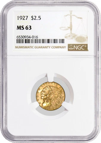 1927 $2.50 Indian Head Quarter Eagle Gold NGC MS63 Brilliant Uncirculated Coin Cover