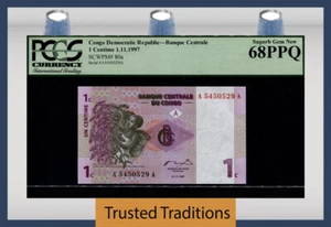 TT PK 80a 1997 CONGO DEMOCRATIC REPUBLIC 1 CENTIME PCGS 68 PPQ GEM NEAR-PERFECT - Picture 1 of 2