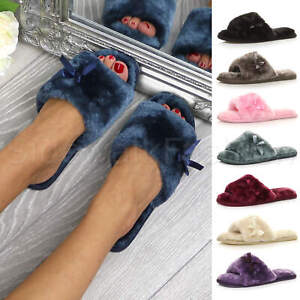 Womens ladies flat grip fluffy fur indoor sliders sandals peep toe slippers size