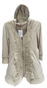 Sudadera con capucha Greta pequeña bordada Caite Top para mujer cremallera marfil nueva con etiquetas - Imagen 1 de 21