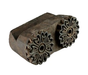 Ancien tampon tissu indien bois - Duo fleurs block print Inde # 1077 - Picture 1 of 6