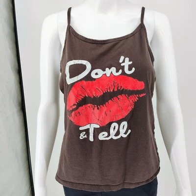 Bella "Don't Kiss & Tell" Lips Graphic Brown Spaghetti Strap Tank Top (XL) - Image 1 of 4