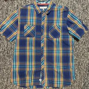 PD&C Mens L Blue Dark Blue Plaid Checkered Button Up Collared Short Sleeve Shirt - Picture 1 of 3