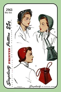 SOMBRERO Gorra BONNET Monedero BOLSO Simplicity 2963 Vintage 1949 Artesanal Costura Patrón - Imagen 1 de 5