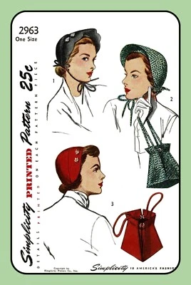 Ladies HAT Pattern Cap BONNET Purse BAG One Size Simplicity 2963 Vintage 1949 - Image 1 of 4