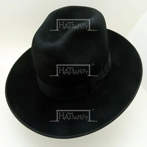 CLASSIC Fur Felt Fedora Trilby Cowboy Hat Stiff Wide Brim (8cm) | Black | 52cm - Picture 1 of 8