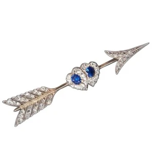 Antique Victorian Silver Gold Diamond Sapphire Double Heart Arrow Brooch - Picture 1 of 4