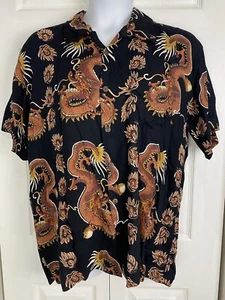 NWT Amax Chinese Dragon Button Down Shirt Short Sleeve Black Orange Mens Size L - Picture 1 of 5
