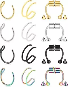 12 Pcs Fake Nose Ring Hoops for Women Men - Hypoallergenic Surgical Steel Nose R - Picture 1 of 6