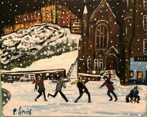 Original Northern Art Oil Painting Phil Lewis Edinburgh Grassmarket Snowballs B - Picture 1 of 2