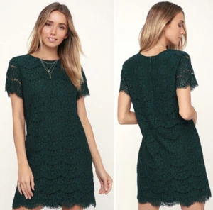 LULU’S Women’s Take Me To Brunch Green Floral Lace Mini Dress Sz Small Scalloped - Picture 1 of 9
