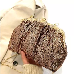 Womens Gold Sequin Glitter Evening Bag Wedding Bridal Crossbody Handbag Purse - Picture 1 of 9