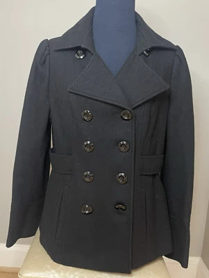ATTENTION black Poly Blend Double Breasted Back Belt Pea Coat  Medium M Foto 1 de 4