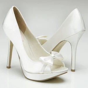 Paradox Pink TEASE 50% OFF Ivory Satin Peep Toe Bow High Heel Bridal Shoes - Picture 1 of 12