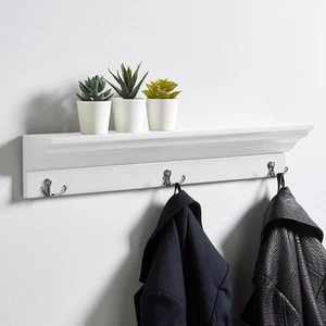 Wall Mounted Coat Rack 3 Hooks Hallway Hanging Storage Shelf White Wooden - Picture 1 of 4