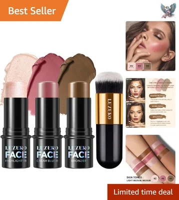3Pcs Contour Stick Makeup Kit: Highlighter, Blush & Bronzer for Flawless Skin - Image 1 of 4
