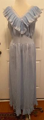 Vtg Long Nylon Blue Nightgown w/ruffle & Lace Size 38 See brand on tag - Image 1 of 4