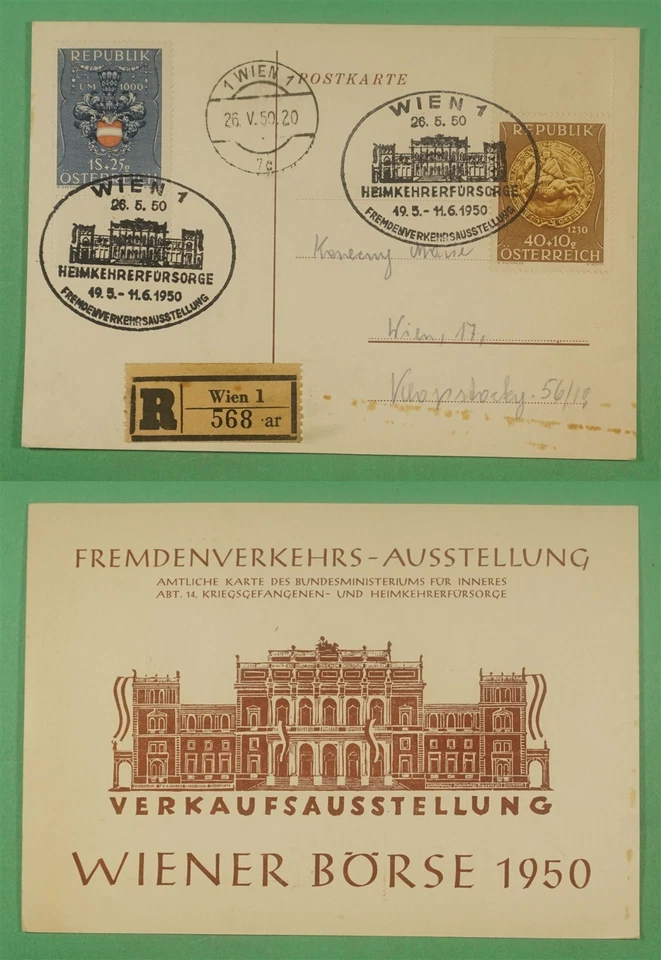 DR WHO 1950 AUSTRIA VIENNA EXPO SLOGAN CANCEL POSTCARD REGISTERED R14558 - Image 1 of 3