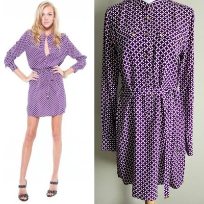 Juicy Couture 100% Silk Dress Womens 4 Purple Geometric Mini Sexy Shirt Belted - Изображение 1 из 4