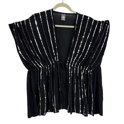 Женская туника Vince Camuto O/S черная серебристая с блестками в полоску топ топ галстук спереди - Изображение 1 из 4