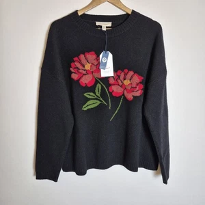 Seasalt 20 Black Red Rose Floral Print Lambswool Blend Knitted Derowen Jumper - Picture 1 of 13