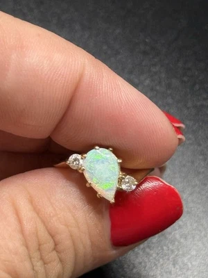 14k 黄金蛋白石钻石戒指独特复古精致尺寸 5.25 — 第 1/4 张图片