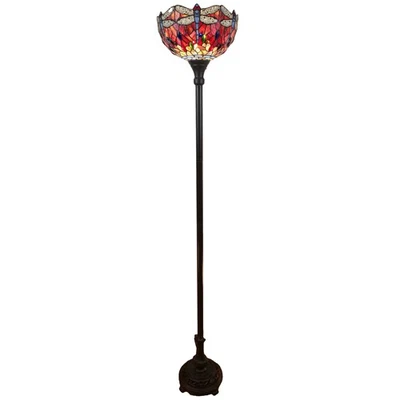 69" Black And Red Torchiere Floor Lamp With Red Dragonfly Glass Dome Shade - Image 1 of 4