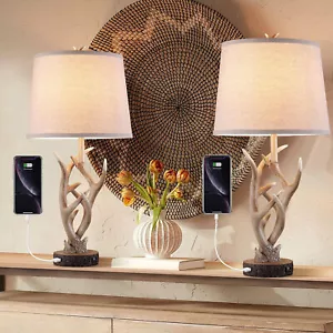 26" Rustic Western Table Lamp Set of 2 with 2 USB Ports, Natural Antler Design - Picture 1 of 6
