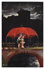 E Colombo Vintage Postkarte Junge & Mädchen unter riesigem roten Regenschirm überquert eine Brücke