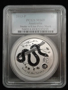2013 1oz .999 Fine Silver Australian Lunar Snake Lion Privy PCGS MS69 - Picture 1 of 2