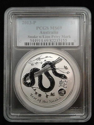 2013 1oz .999 Fine Silver Australian Lunar Snake Lion Privy PCGS MS69 - Image 1 of 2
