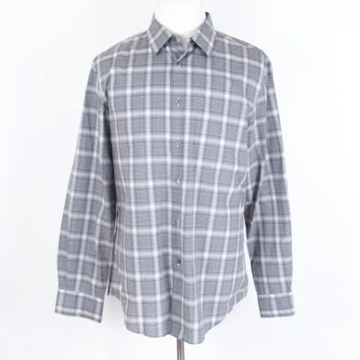 John varvatos 纽扣衬衫连衣裙休闲 100% 棉格子灰色白色 LS XL — 第 1/4 张图片