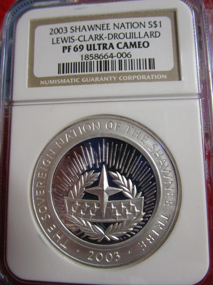 Shawnee Nation 2003 S$1 Silver Dollar Lewis Clark Drouillard NGC PF69 USA - Image 1 of 4