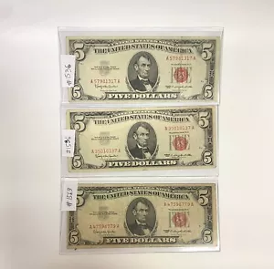 3 pieces 1963 - 5$ Federal Reserve Note Five Dollar Red Seal Circulated - Picture 1 of 7