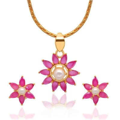 Juego de colgantes con tachuelas de piedra color perla y rubí para niñas y mujeres Foto 1 de 4