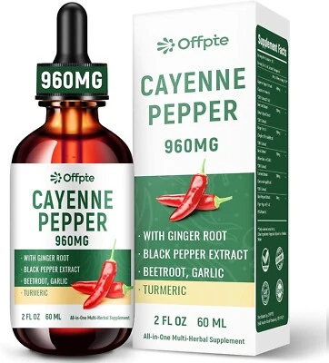 Gotas de pimienta de cayena suplementos líquidos 960 mg, polvo de raíz de remolacha, cúrcuma, jengibre Foto 1 de 4