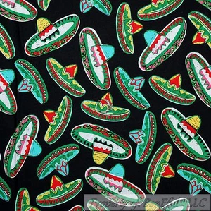 BonEful Fabric FQ Cotton Quilt Black Blue Red Ethnic Mexican Sombrero Hat Print - Picture 1 of 12
