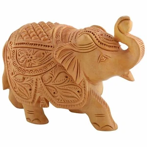 HANDMADE Wooden Carved Fine Carving Upper Trunk Up Elephant Figuring - Picture 1 of 2
