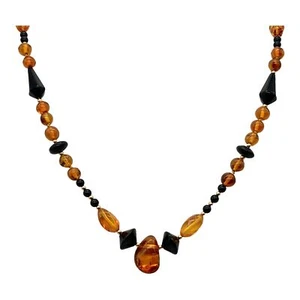 Beautiful Sparkling Amber and Onyx Bead Necklace | 30" Long | - Picture 1 of 6
