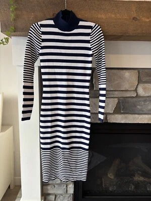 Vestido Michael Kors Midi Pequeño Náutico Cuello Simulado Azul Marino Blanco Vacaciones Costero Foto 1 de 4