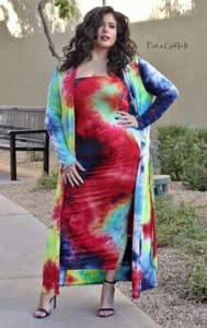 New PLUS SIZE Womens TIE DYE MULTI 2 PIECE SET STRAPLESS CARDIGAN DRESS 1X 2X - Picture 1 of 7