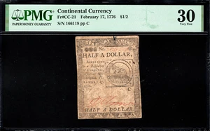 Continental Currency Fr#CC-21 February 17, 1776 $1/2 PMG 30 *Fugio Note* - Picture 1 of 4