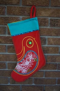 Old Navy Filz Weihnachtsstrumpf rot blau Paisley Vogel Edelstein gelber Rücken Boho - Bild 1 von 5